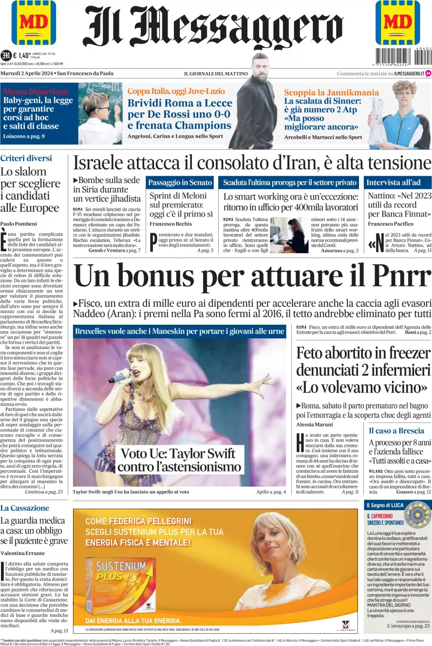 Prima-pagina-il-messaggero-edizione-di-oggi-02-04-2024