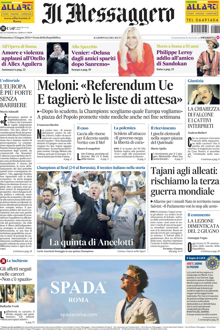 Prima-pagina-il-messaggero-edizione-di-oggi-02-06-2024