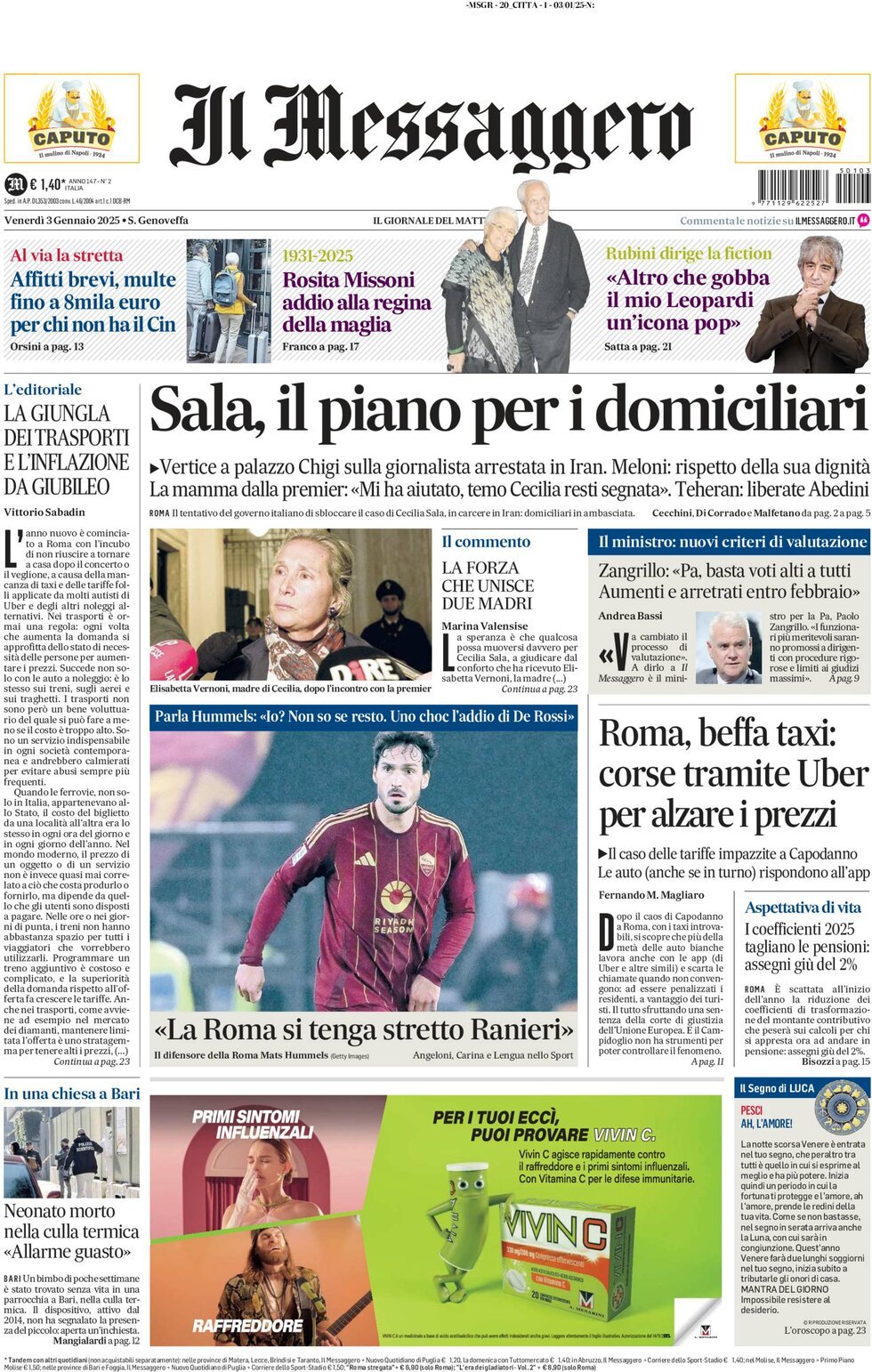 Prima-pagina-il-messaggero-edizione-di-oggi-03-01-2025