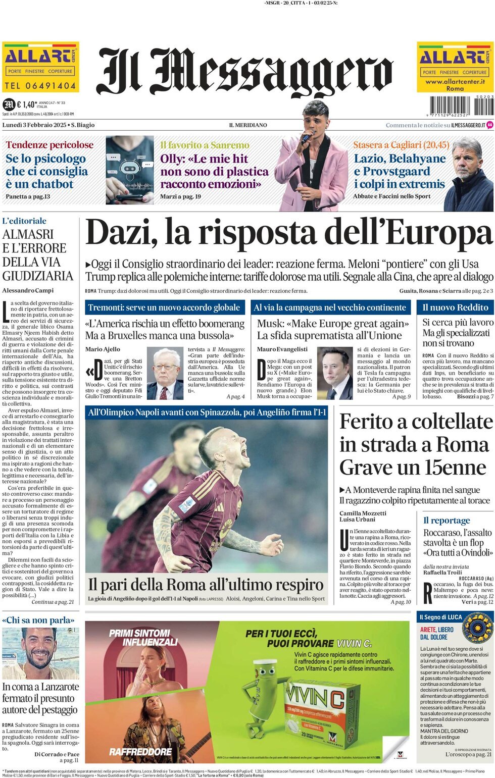 Prima-pagina-il-messaggero-edizione-di-oggi-03-02-2025