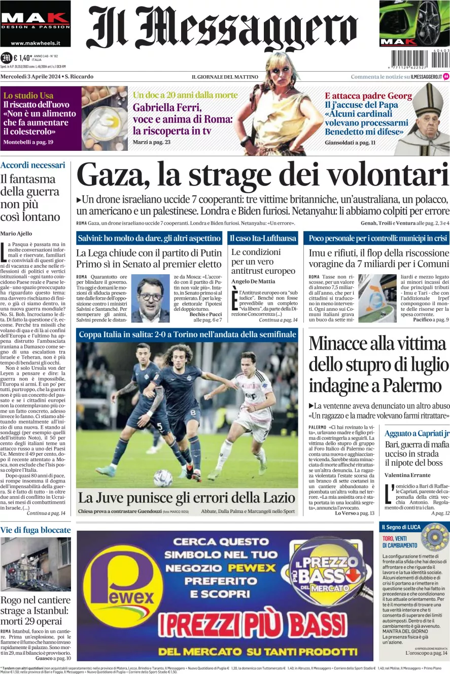 Prima-pagina-il-messaggero-edizione-di-oggi-03-04-2024