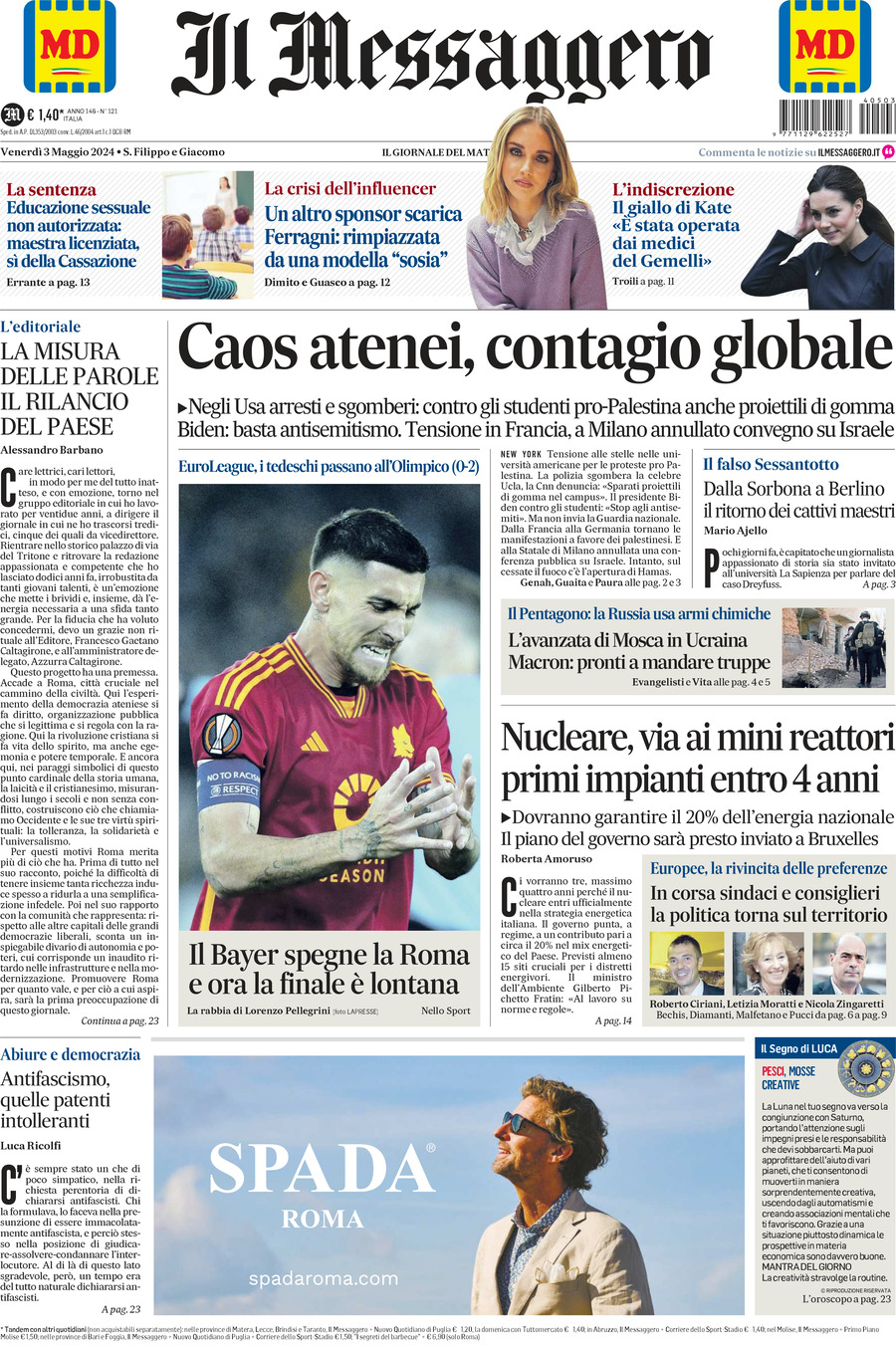 Prima-pagina-il-messaggero-edizione-di-oggi-03-05-2024