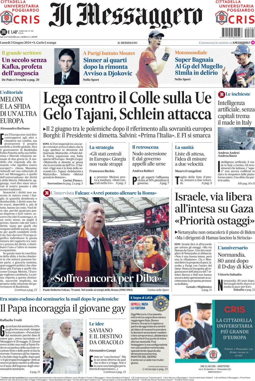 Prima-pagina-il-messaggero-edizione-di-oggi-03-06-2024