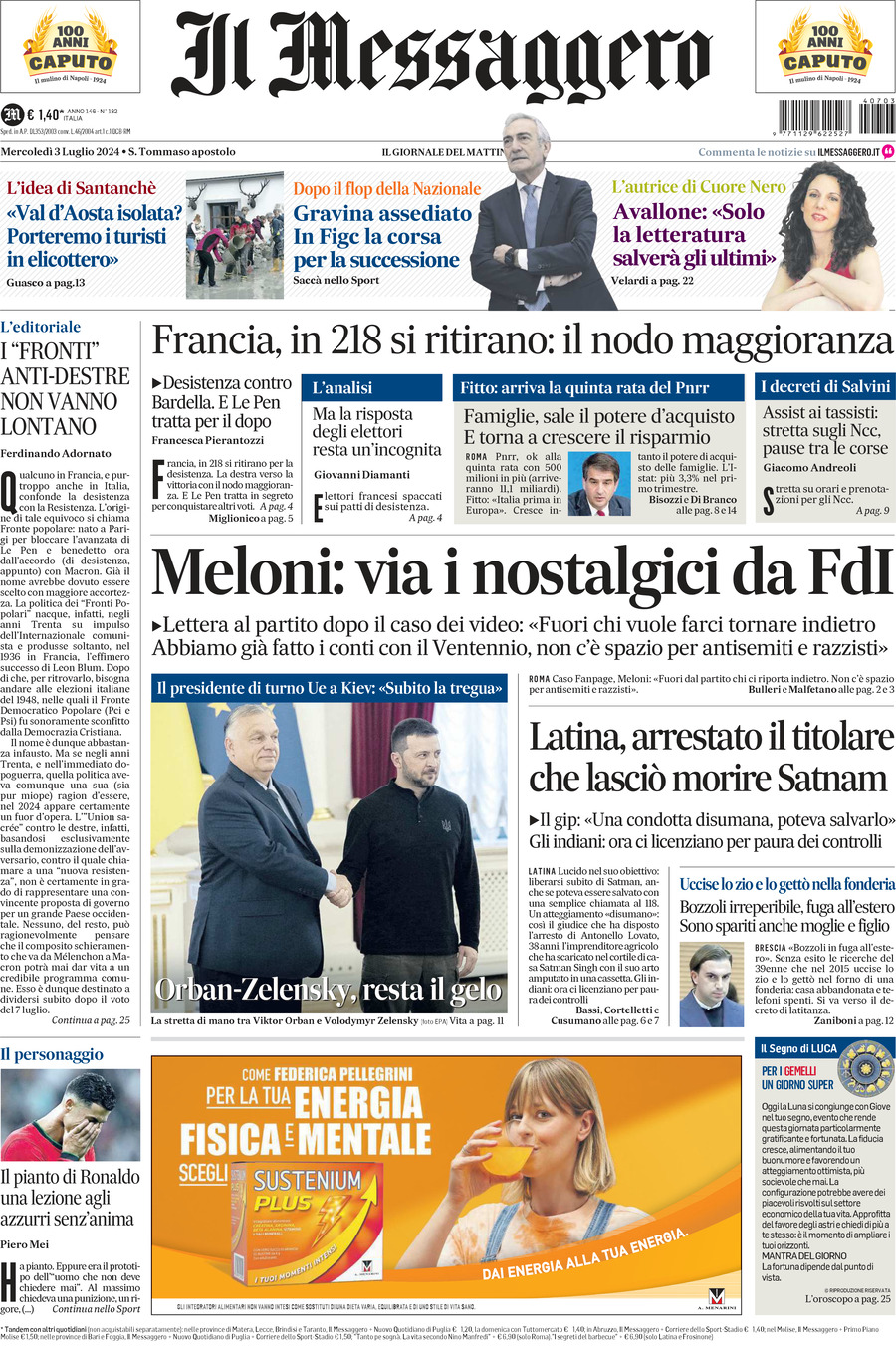 Prima-pagina-il-messaggero-edizione-di-oggi-03-07-2024