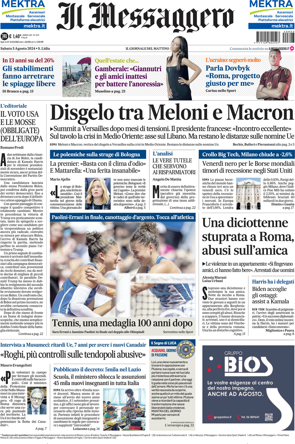 Prima-pagina-il-messaggero-edizione-di-oggi-03-08-2024