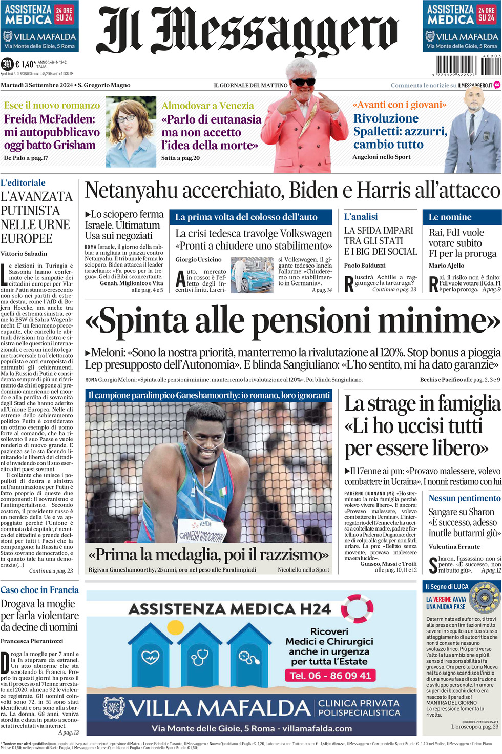 Prima-pagina-il-messaggero-edizione-di-oggi-03-09-2024