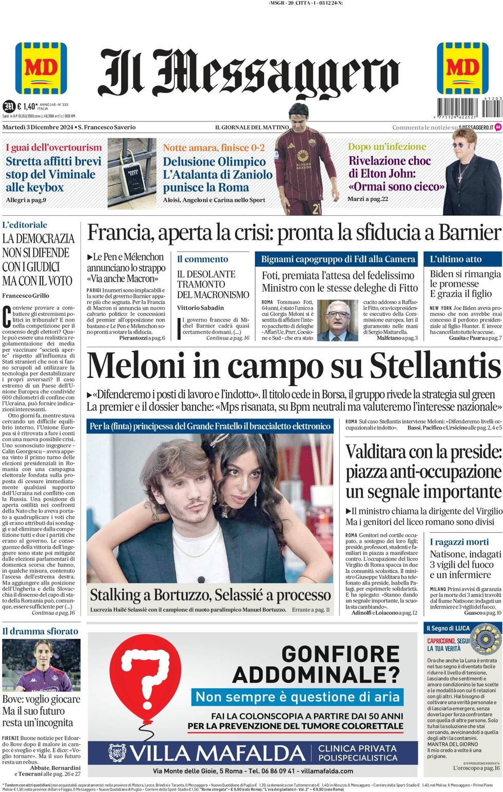 Prima-pagina-il-messaggero-edizione-di-oggi-03-12-2024