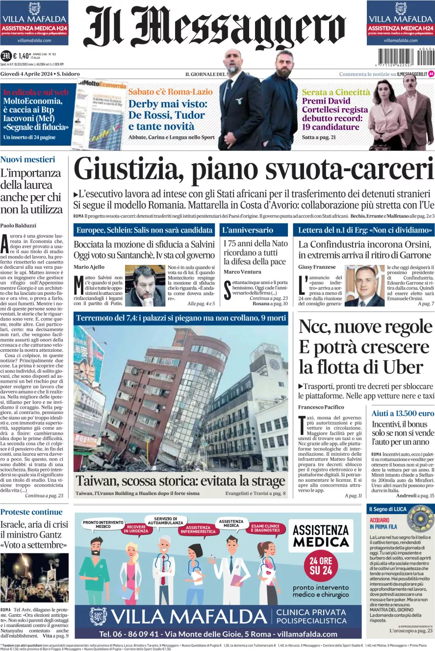 Prima-pagina-il-messaggero-edizione-di-oggi-04-04-2024