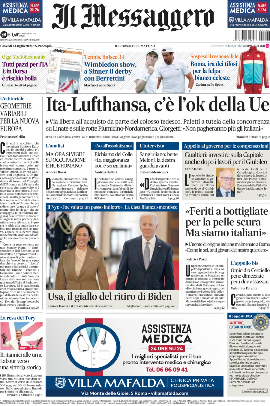 Prima-pagina-il-messaggero-edizione-di-oggi-04-07-2024