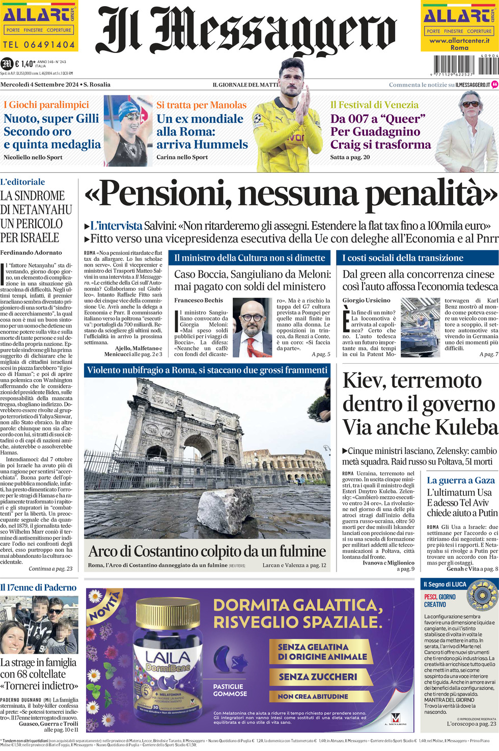 Prima-pagina-il-messaggero-edizione-di-oggi-04-09-2024