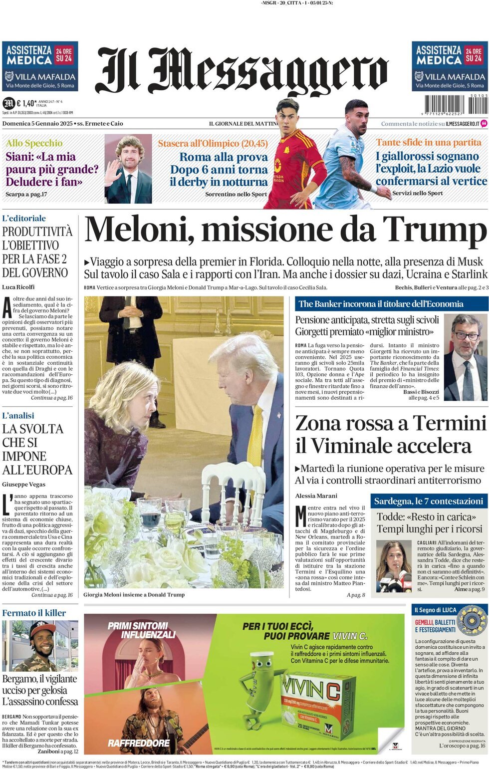 Prima-pagina-il-messaggero-edizione-di-oggi-05-01-2025