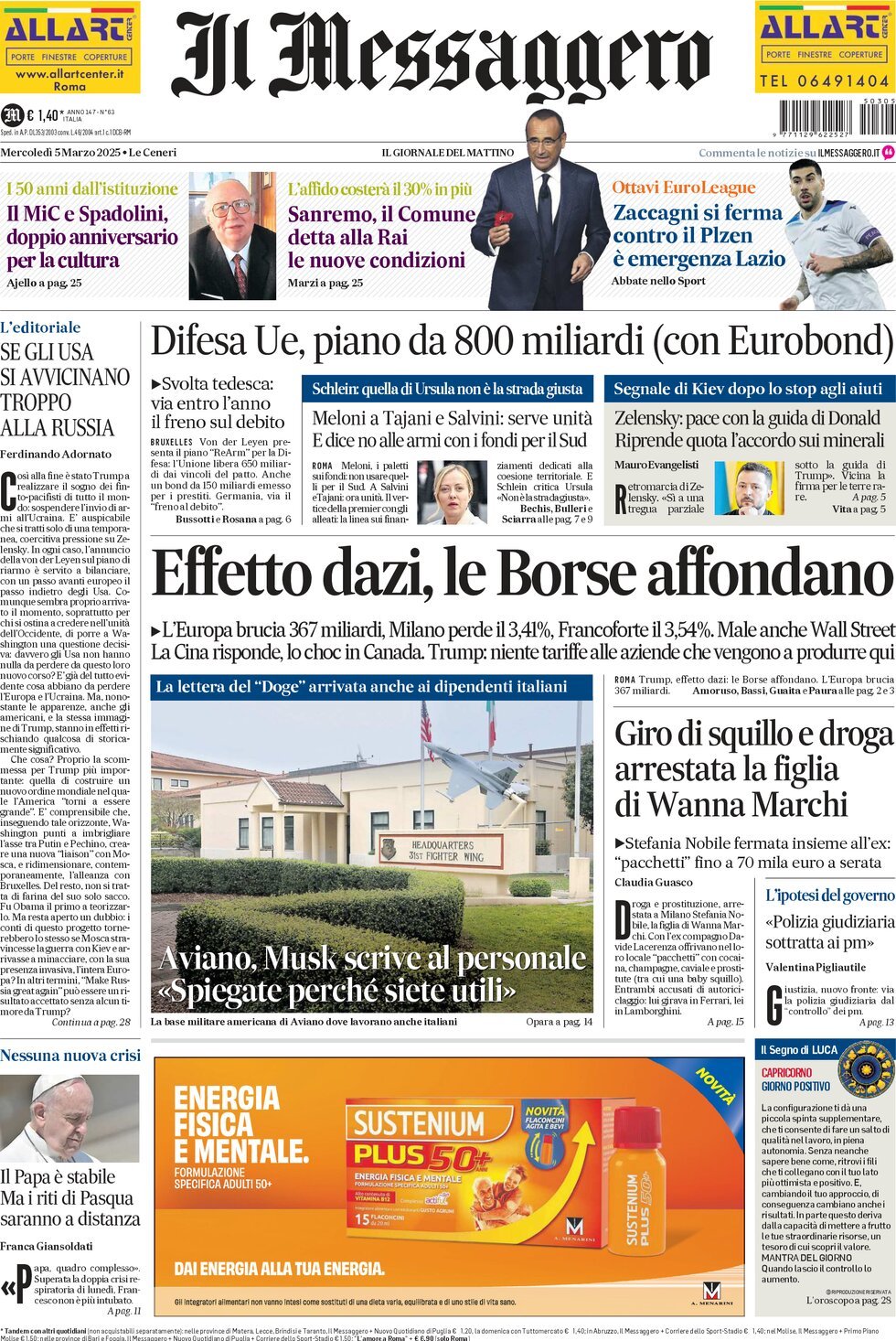 Prima-pagina-il-messaggero-edizione-di-oggi-05-03-2025