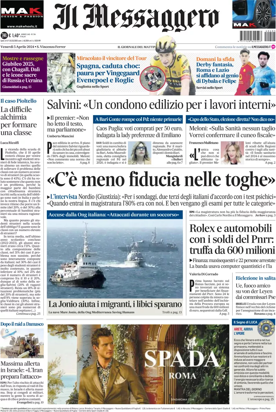 Prima-pagina-il-messaggero-edizione-di-oggi-05-04-2024