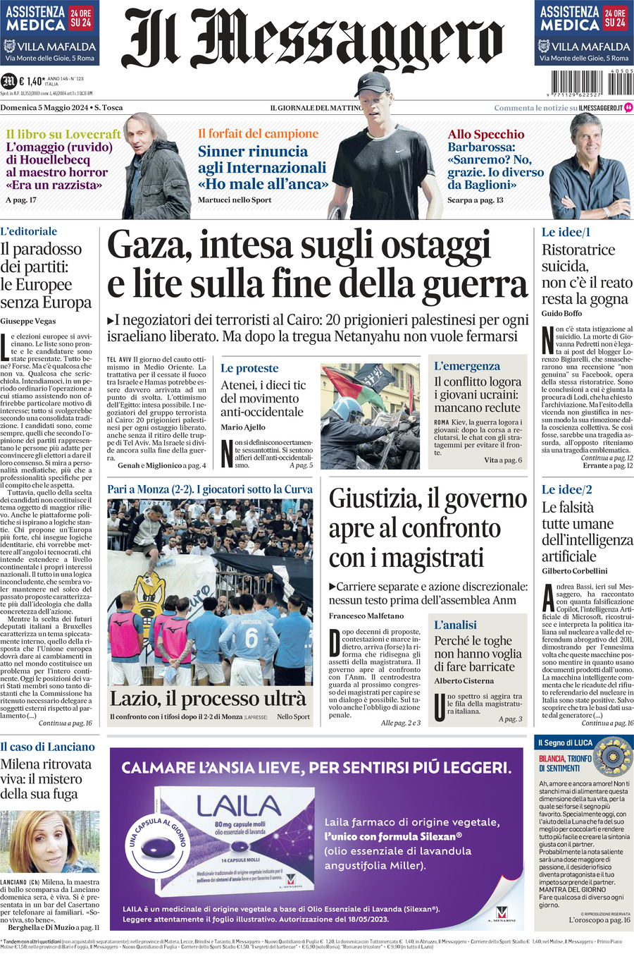 Prima-pagina-il-messaggero-edizione-di-oggi-05-05-2024