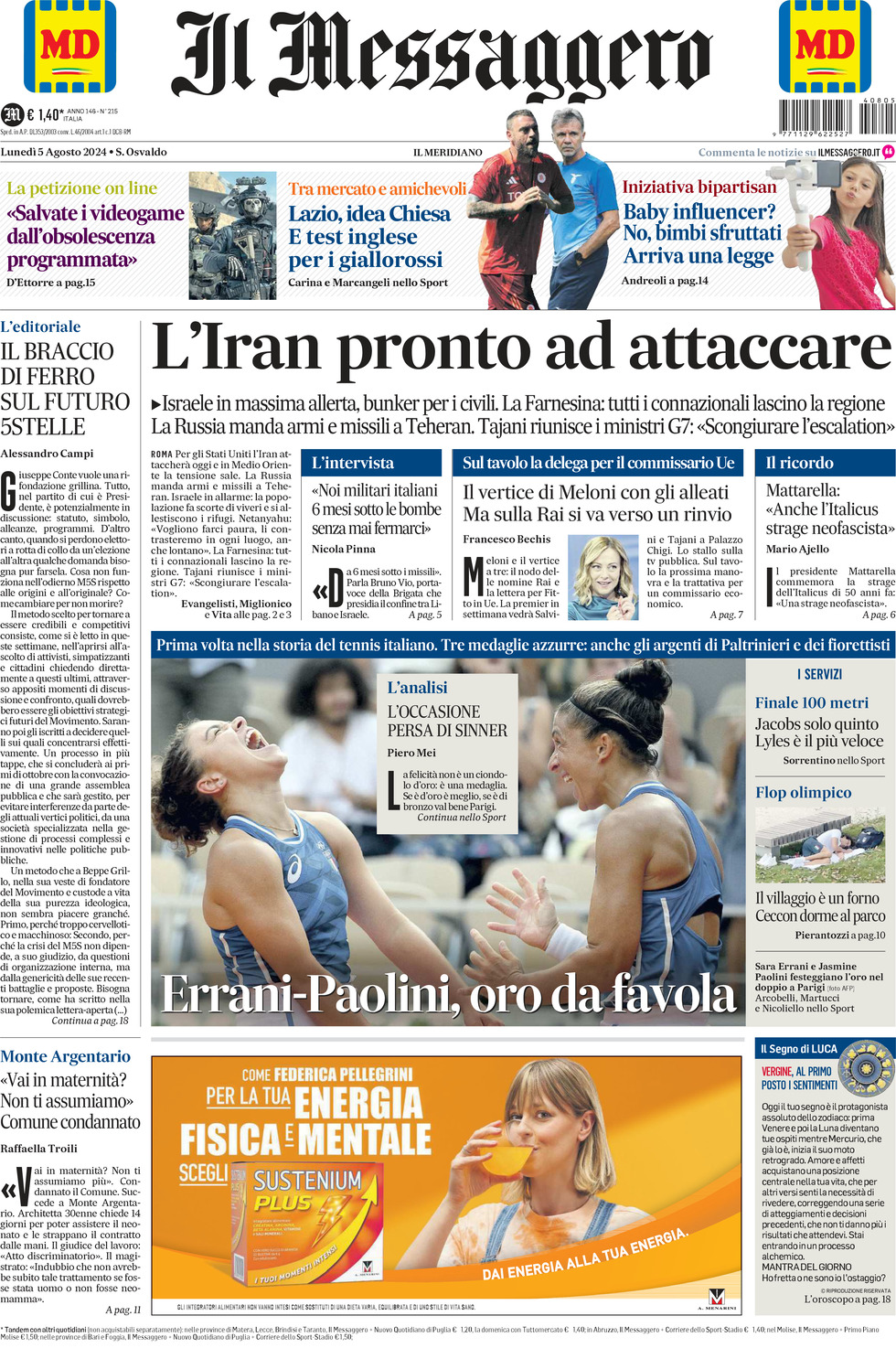 Prima-pagina-il-messaggero-edizione-di-oggi-05-08-2024