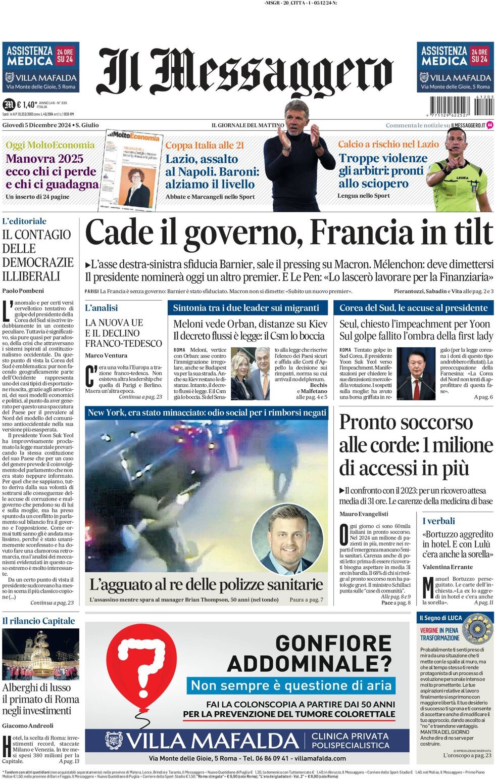 Prima-pagina-il-messaggero-edizione-di-oggi-05-12-2024