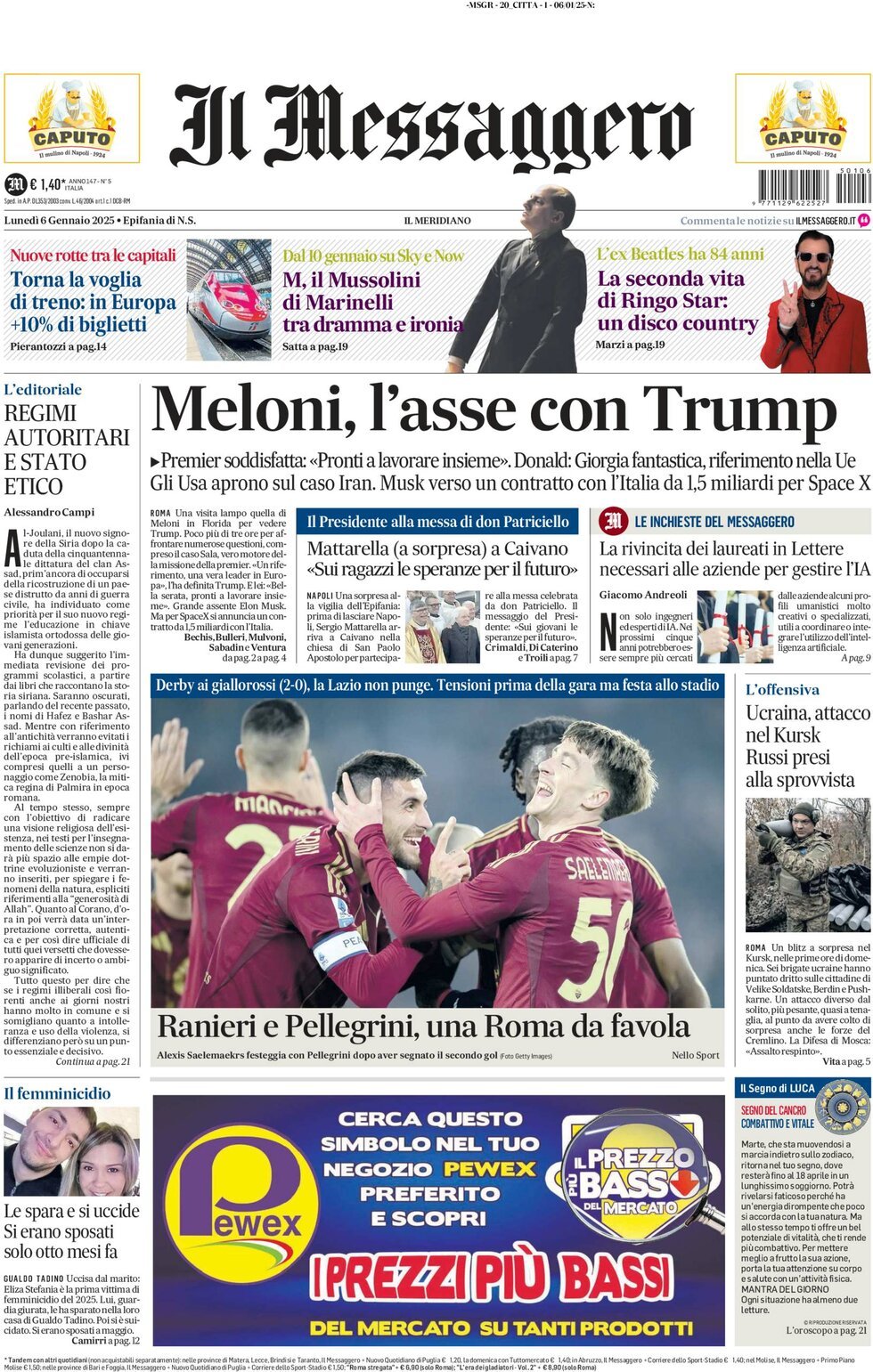 Prima-pagina-il-messaggero-edizione-di-oggi-06-01-2025