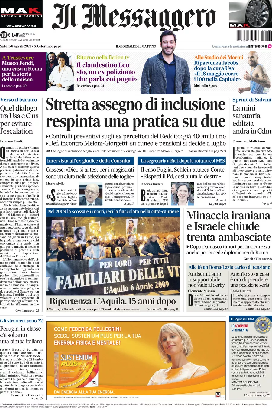 Prima-pagina-il-messaggero-edizione-di-oggi-06-04-2024