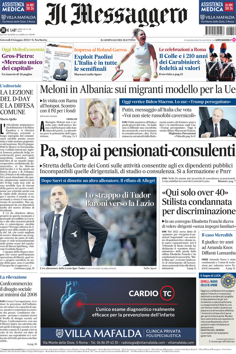 Prima-pagina-il-messaggero-edizione-di-oggi-06-06-2024