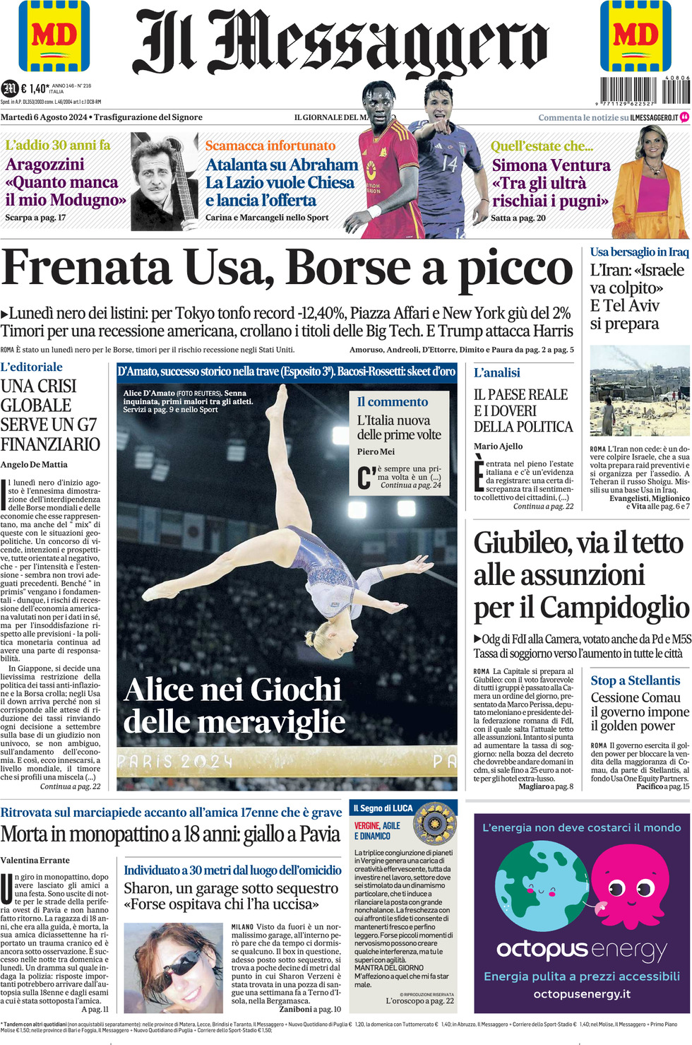 Prima-pagina-il-messaggero-edizione-di-oggi-06-08-2024