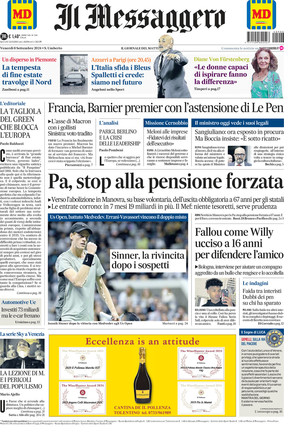 Prima-pagina-il-messaggero-edizione-di-oggi-06-09-2024