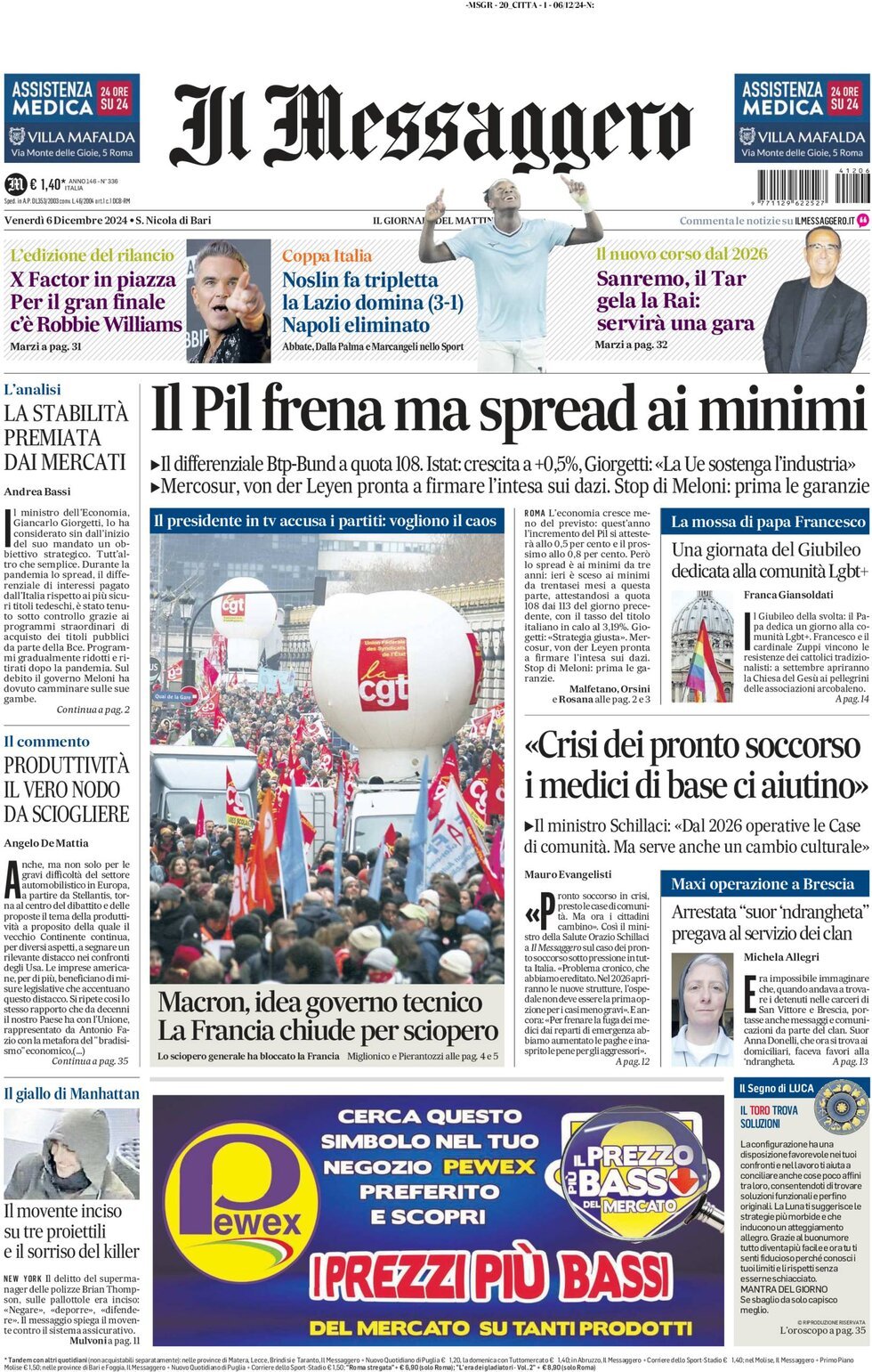 Prima-pagina-il-messaggero-edizione-di-oggi-06-12-2024