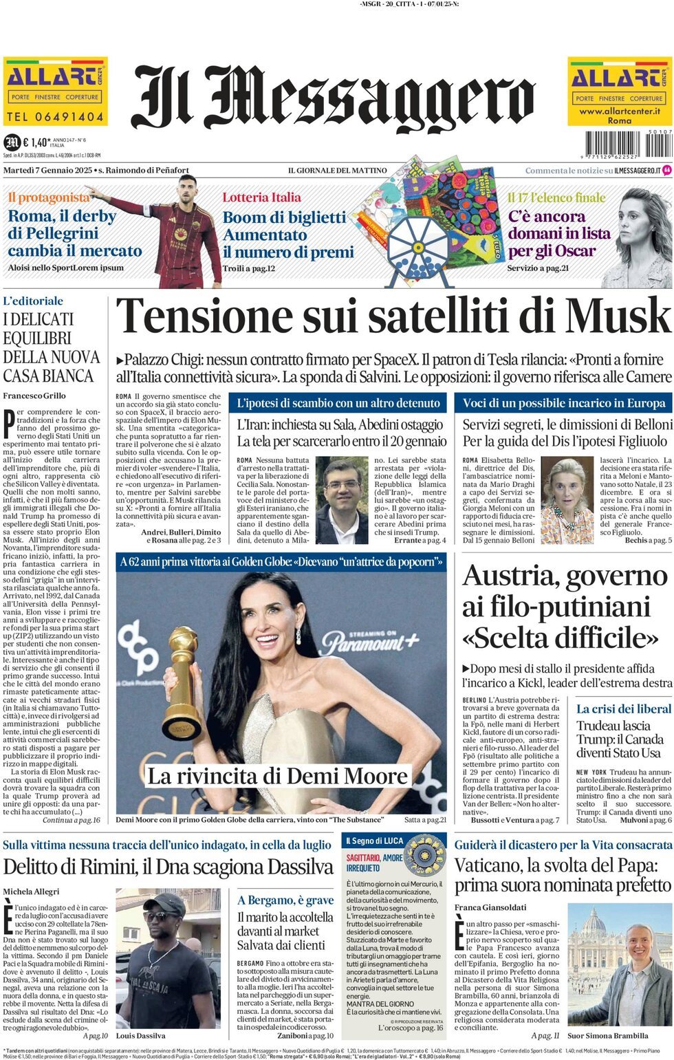 Prima-pagina-il-messaggero-edizione-di-oggi-07-01-2025