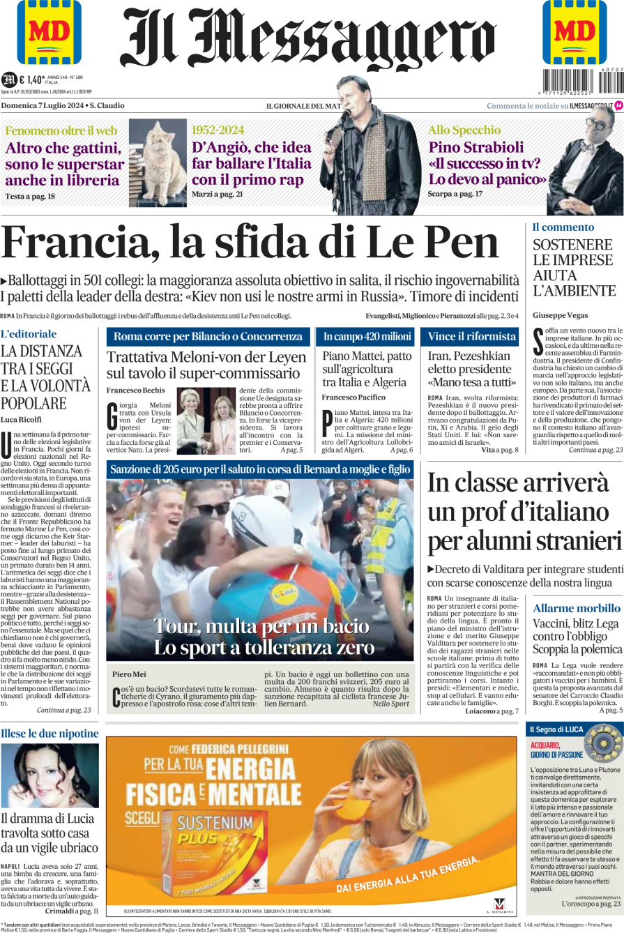 Prima-pagina-il-messaggero-edizione-di-oggi-07-07-2024