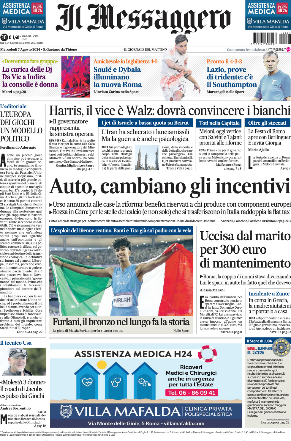 Prima-pagina-il-messaggero-edizione-di-oggi-07-08-2024