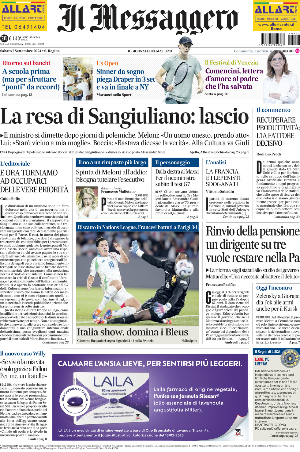 Prima-pagina-il-messaggero-edizione-di-oggi-07-09-2024