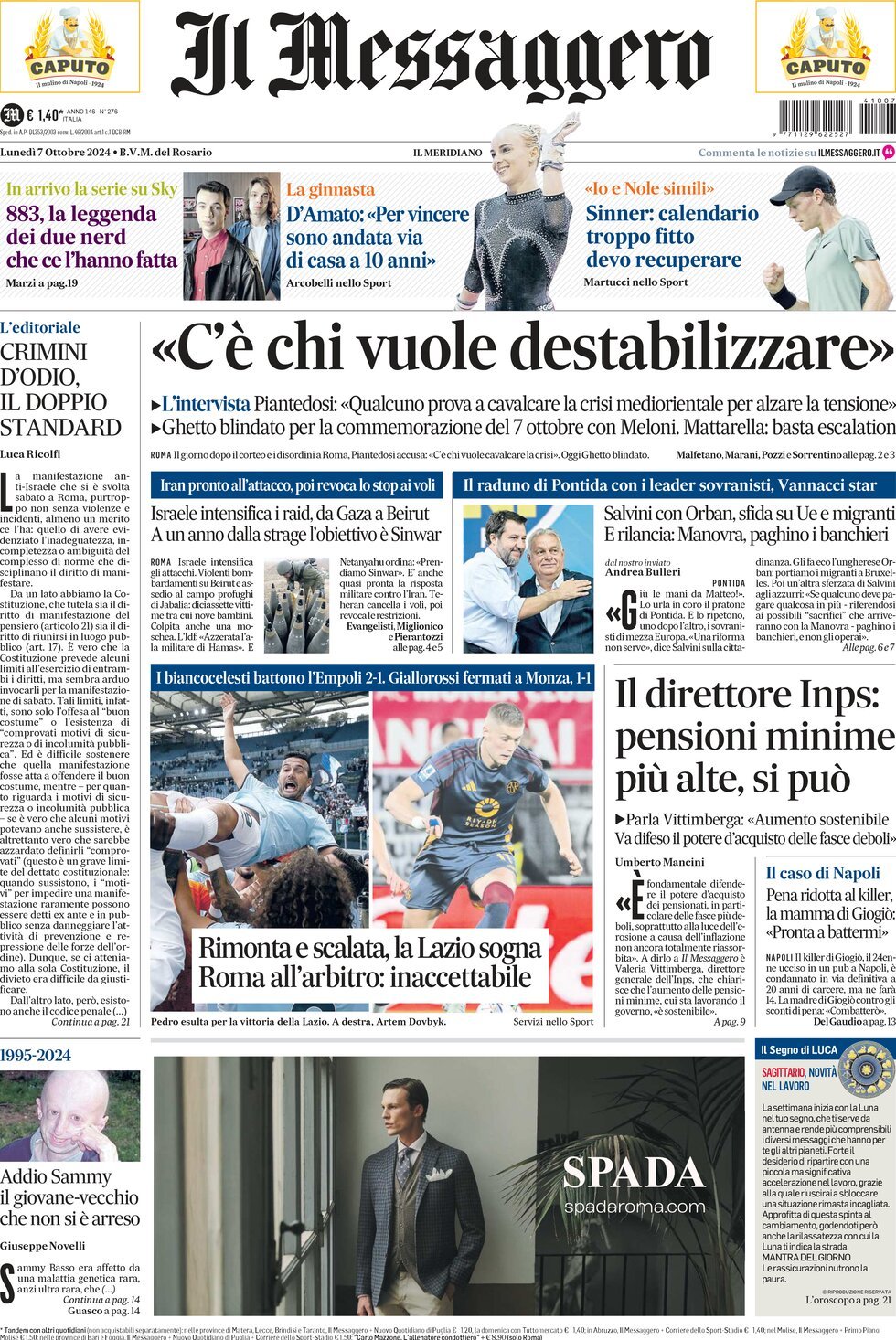 Prima-pagina-il-messaggero-edizione-di-oggi-07-10-2024