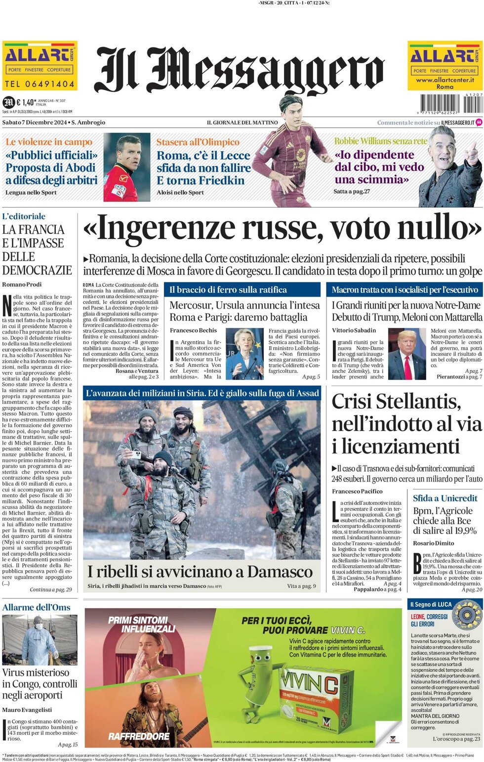 Prima-pagina-il-messaggero-edizione-di-oggi-07-12-2024