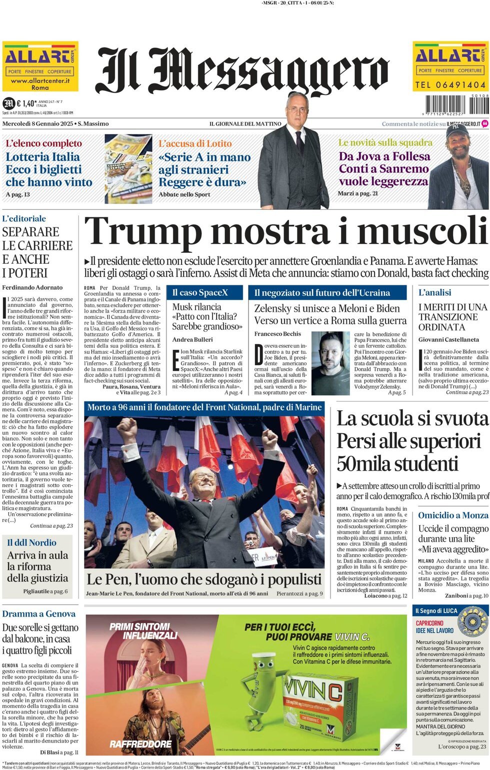 Prima-pagina-il-messaggero-edizione-di-oggi-08-01-2025