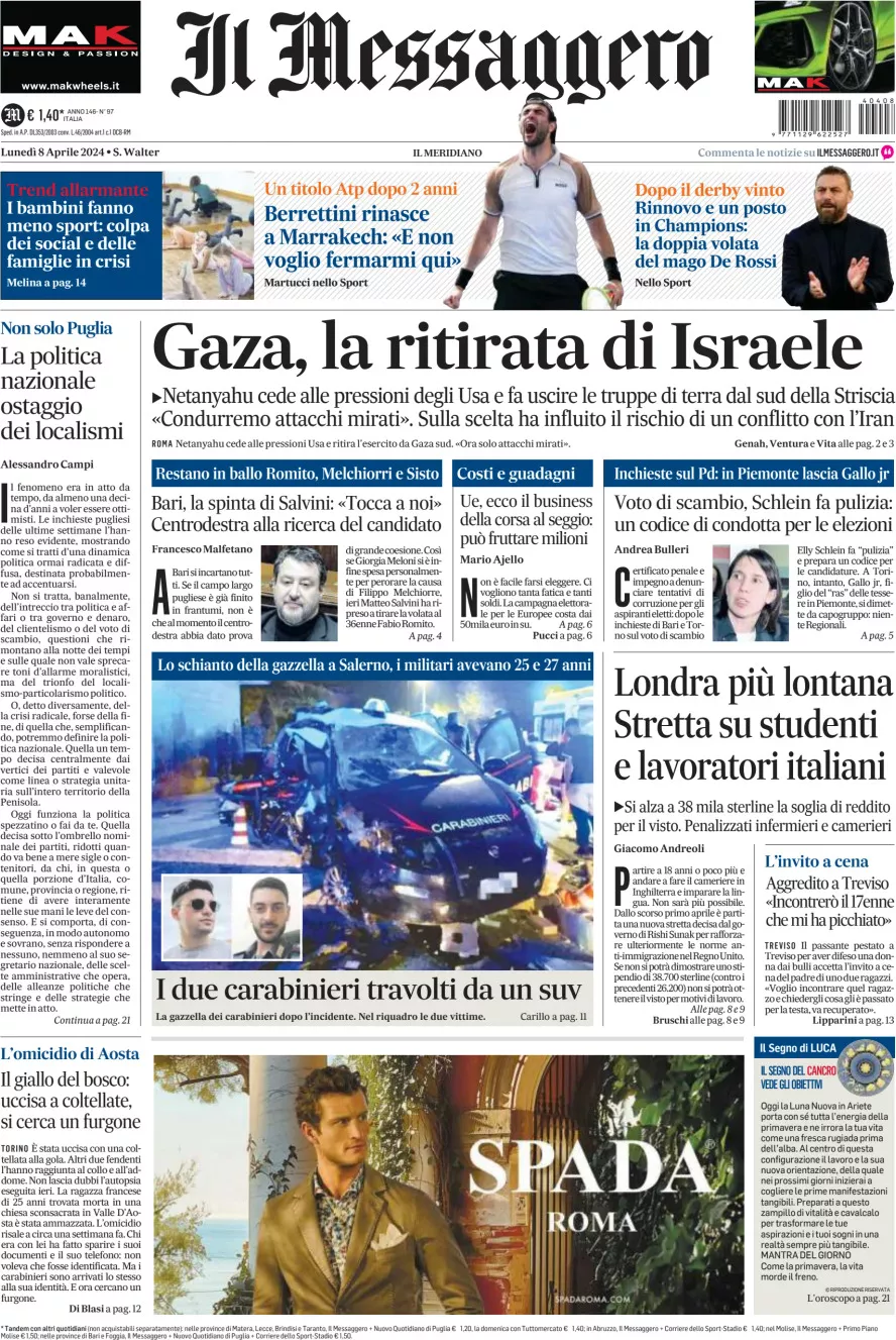 Prima-pagina-il-messaggero-edizione-di-oggi-08-04-2024