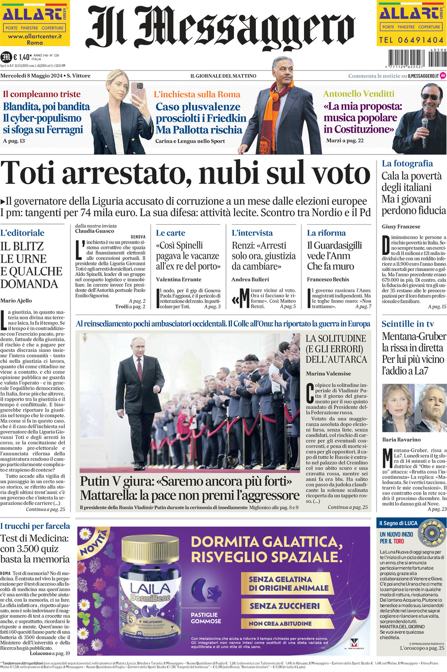 Prima-pagina-il-messaggero-edizione-di-oggi-08-05-2024