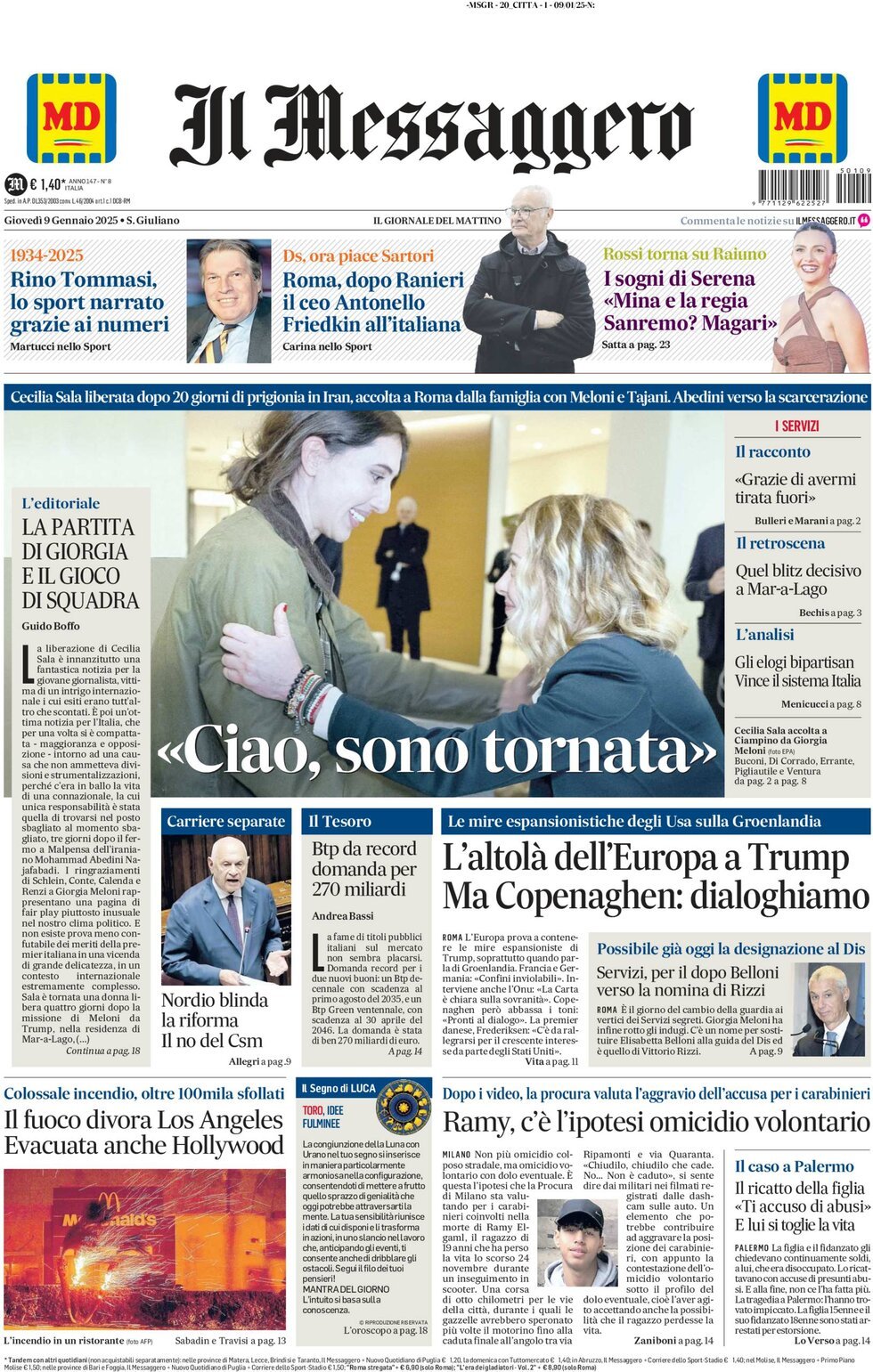 Prima-pagina-il-messaggero-edizione-di-oggi-09-01-2025