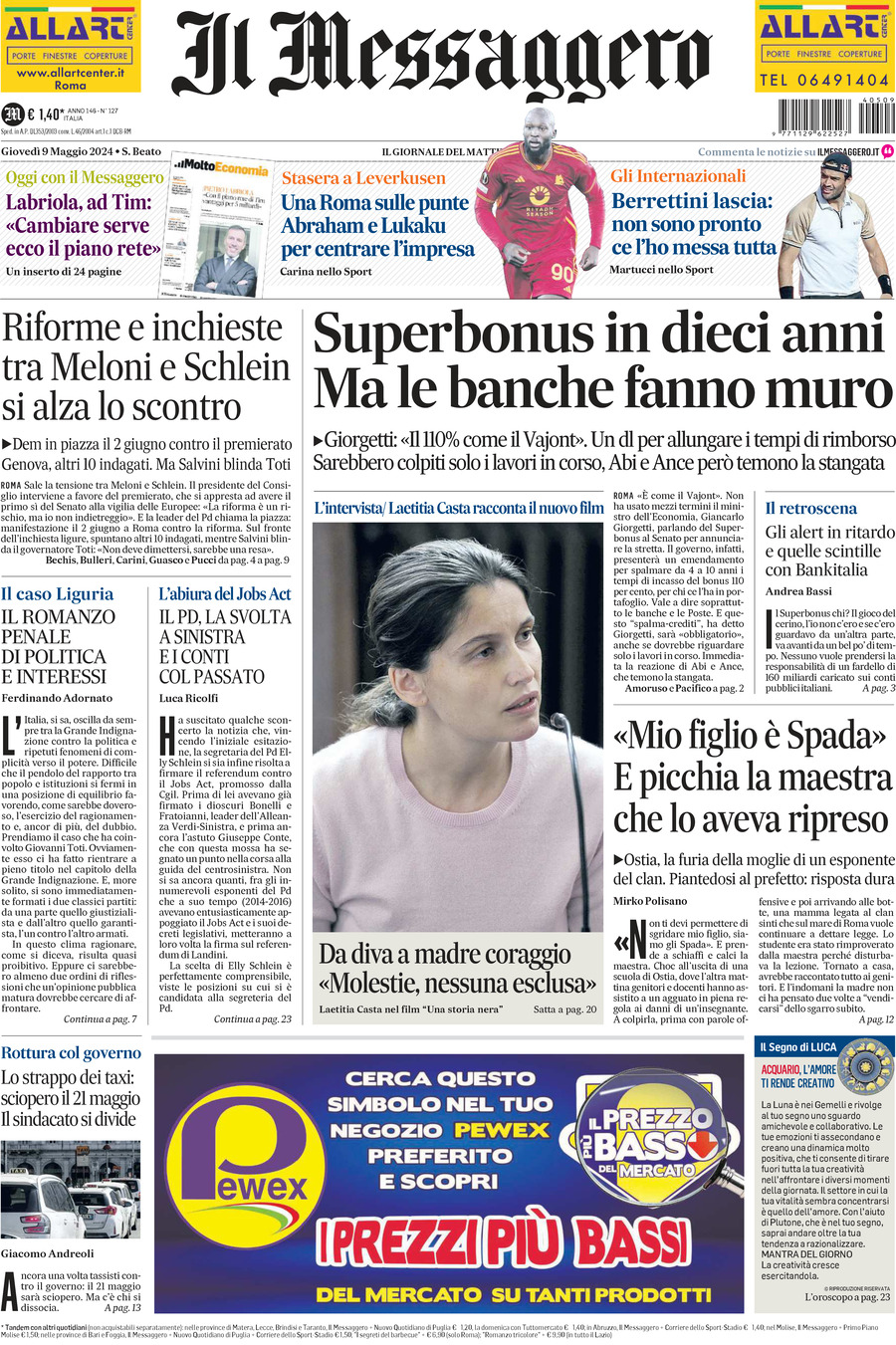 Prima-pagina-il-messaggero-edizione-di-oggi-09-05-2024