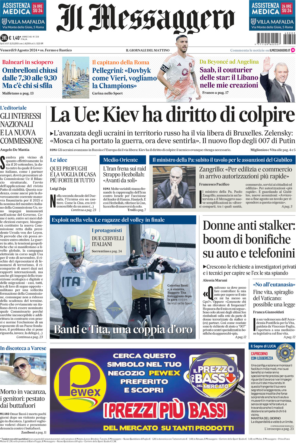 Prima-pagina-il-messaggero-edizione-di-oggi-09-08-2024