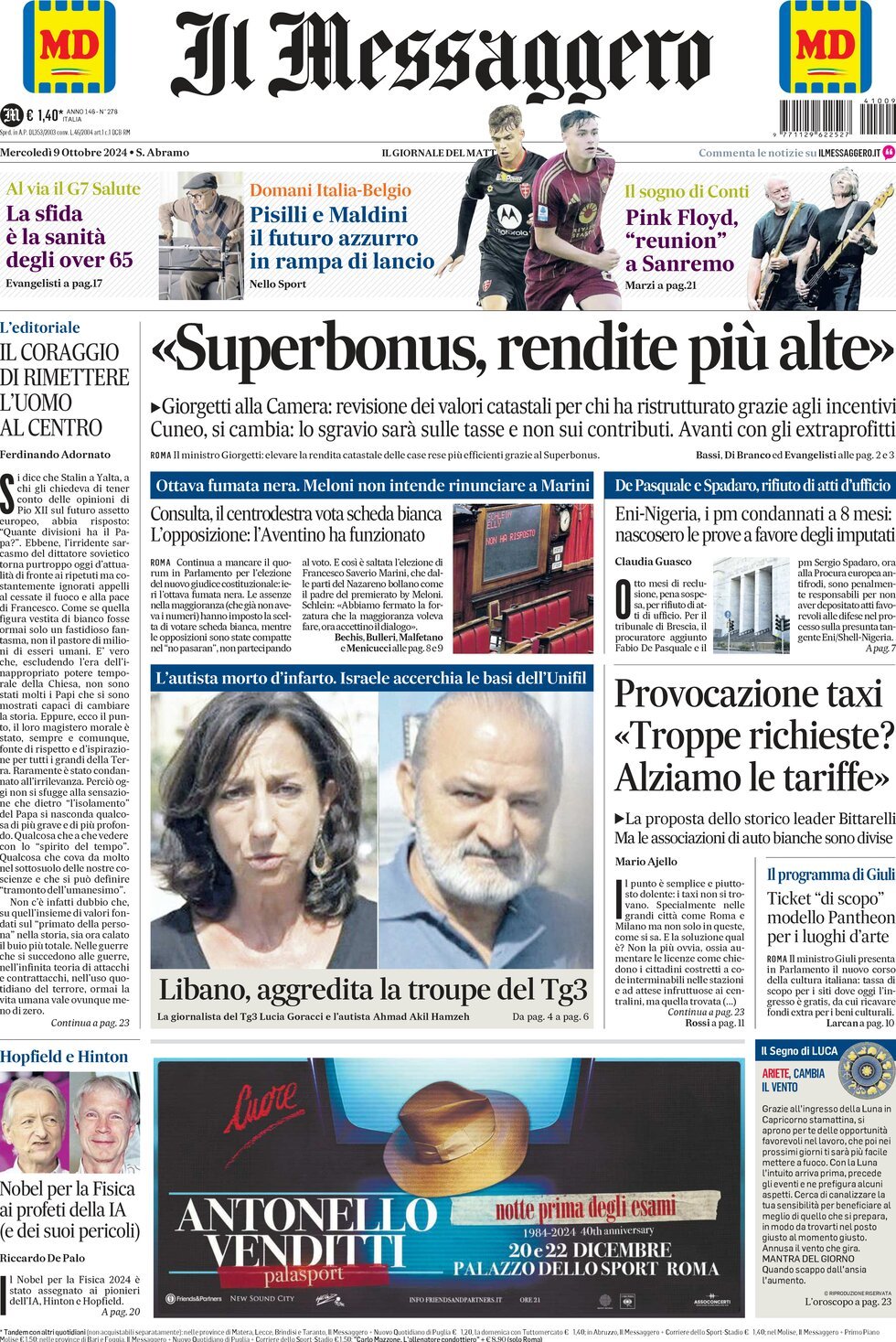 Prima-pagina-il-messaggero-edizione-di-oggi-09-10-2024