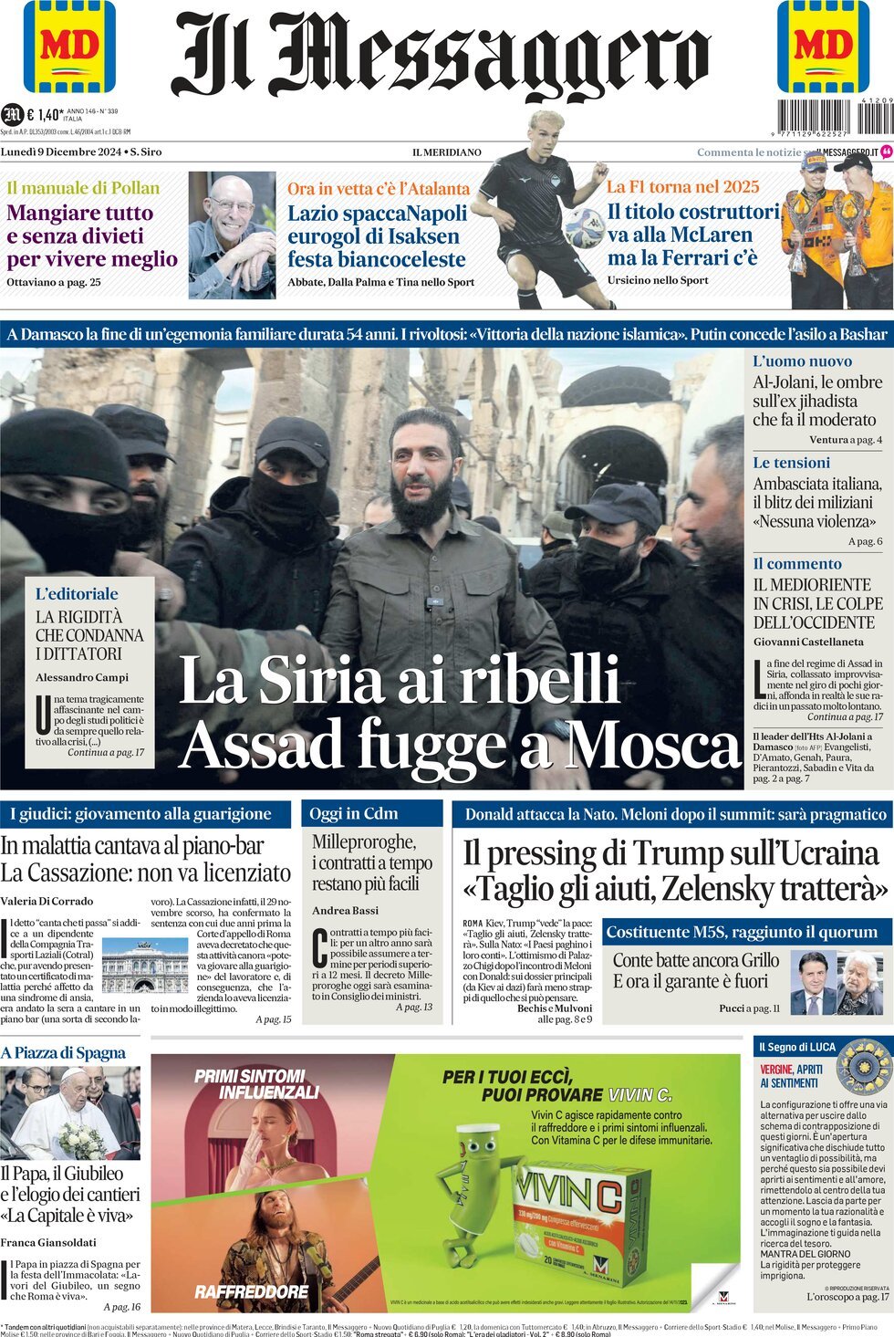 Prima-pagina-il-messaggero-edizione-di-oggi-09-12-2024