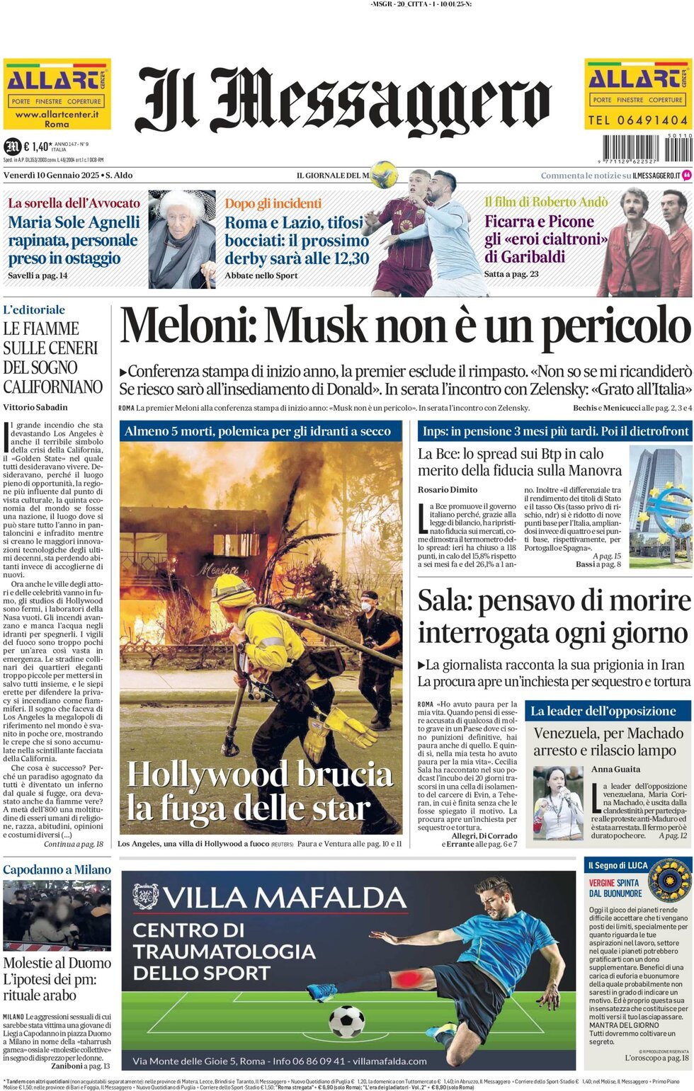 Prima-pagina-il-messaggero-edizione-di-oggi-10-01-2025