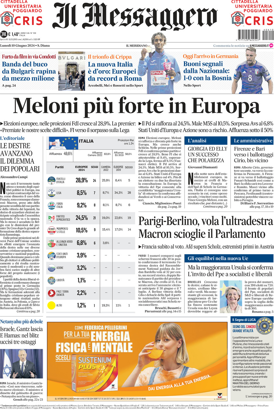 Prima-pagina-il-messaggero-edizione-di-oggi-10-06-2024