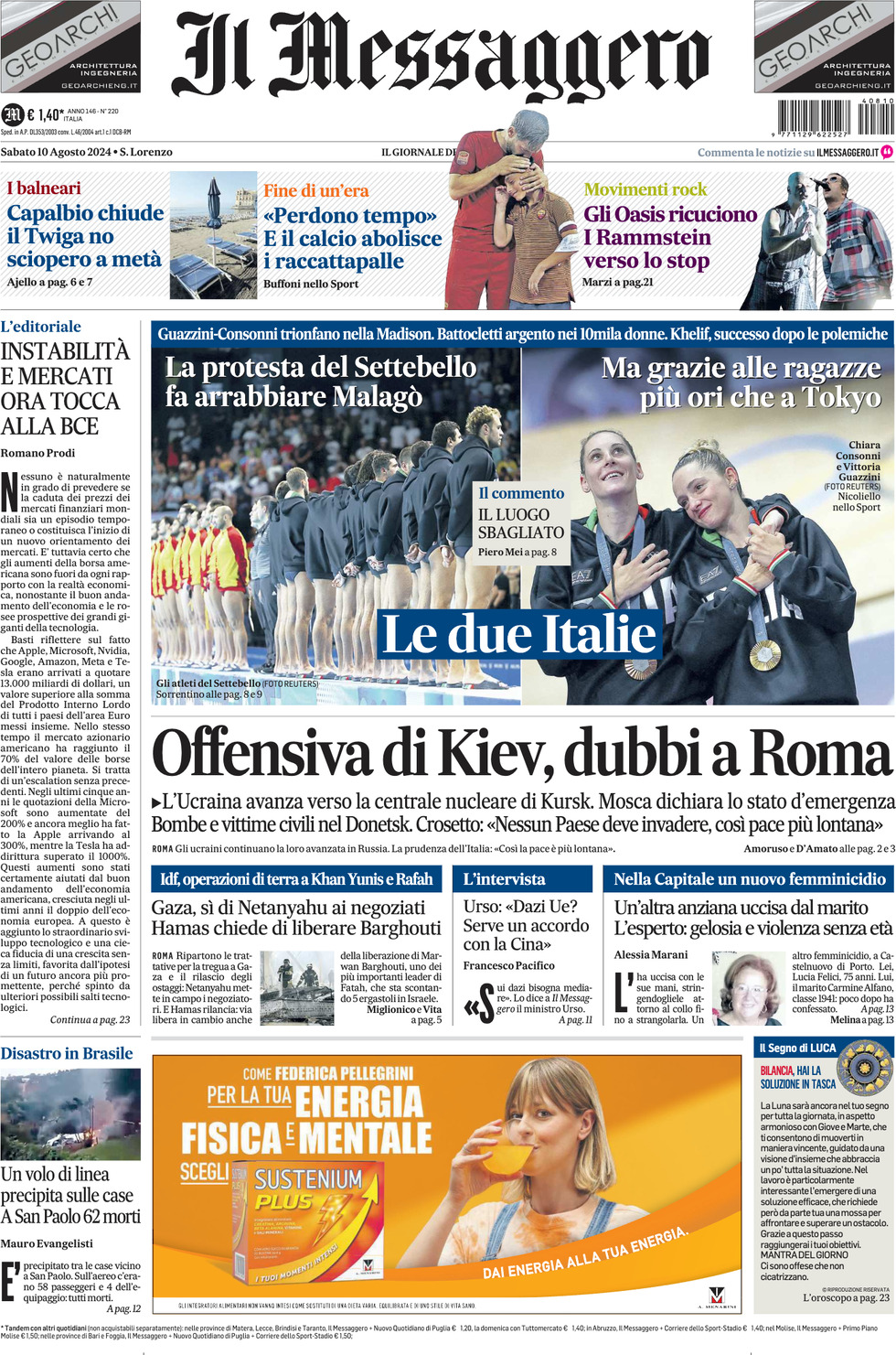 Prima-pagina-il-messaggero-edizione-di-oggi-10-08-2024