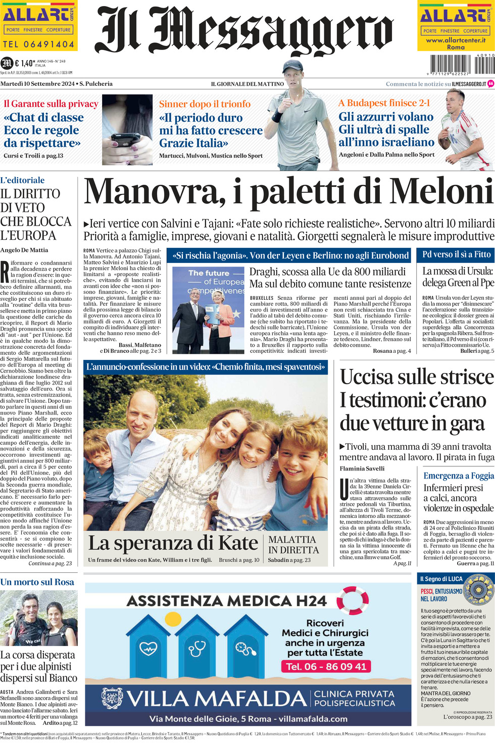 Prima-pagina-il-messaggero-edizione-di-oggi-10-09-2024