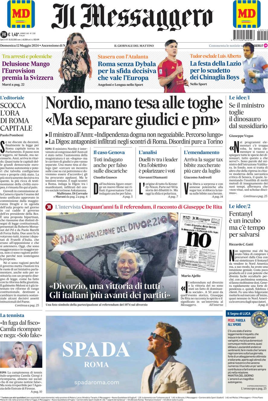 Prima-pagina-il-messaggero-edizione-di-oggi-12-05-2024