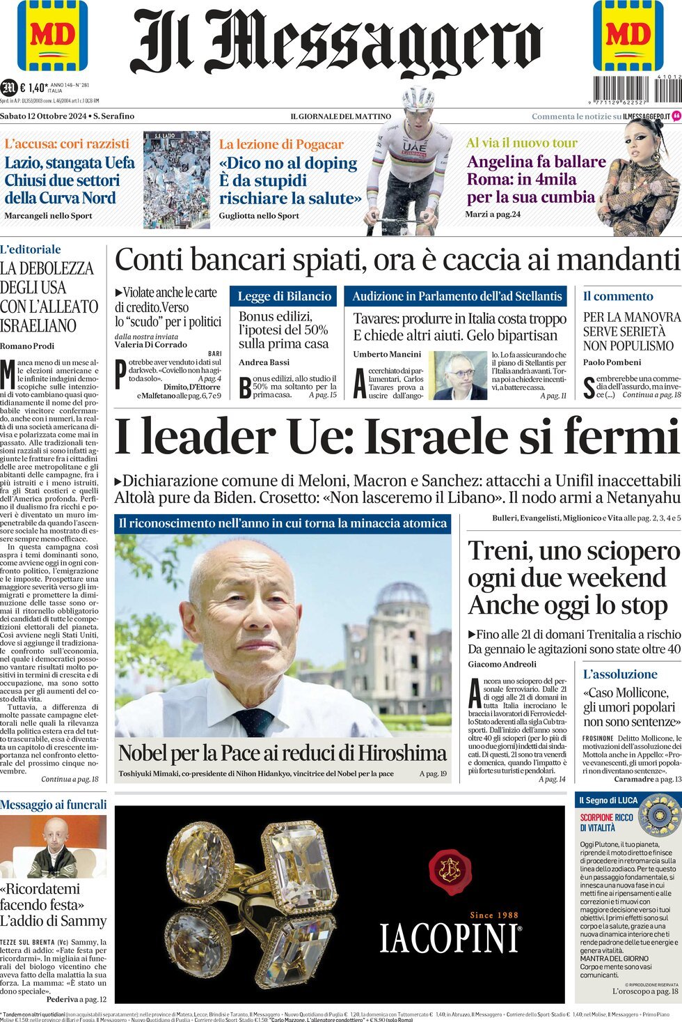 Prima-pagina-il-messaggero-edizione-di-oggi-12-10-2024