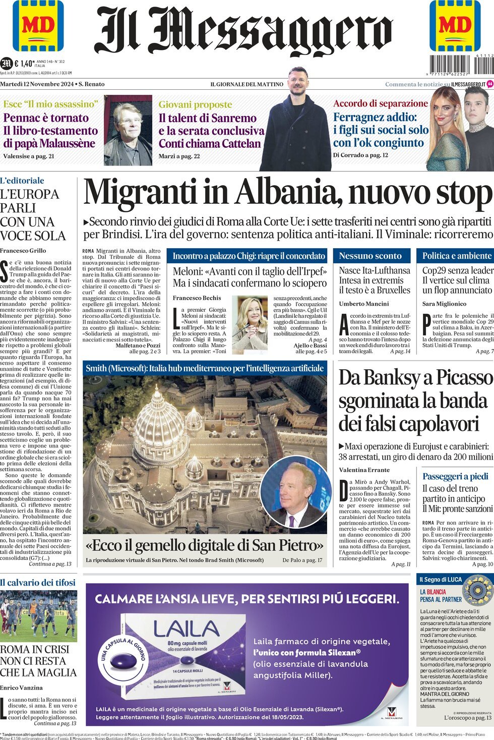 Prima-pagina-il-messaggero-edizione-di-oggi-12-11-2024