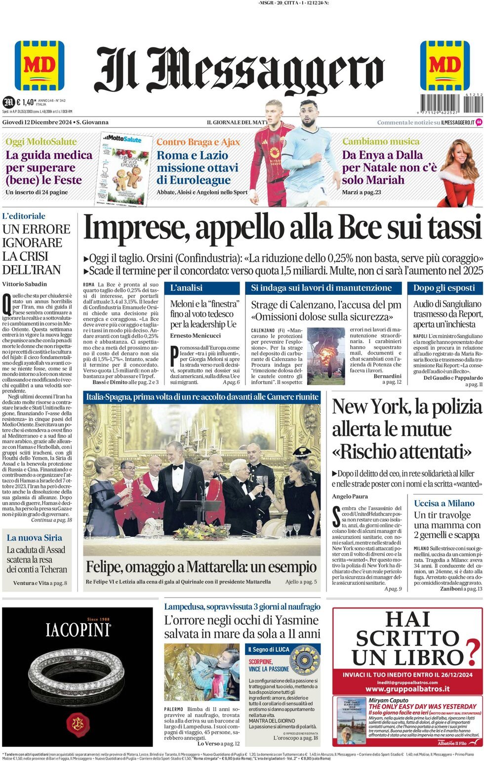 Prima-pagina-il-messaggero-edizione-di-oggi-12-12-2024