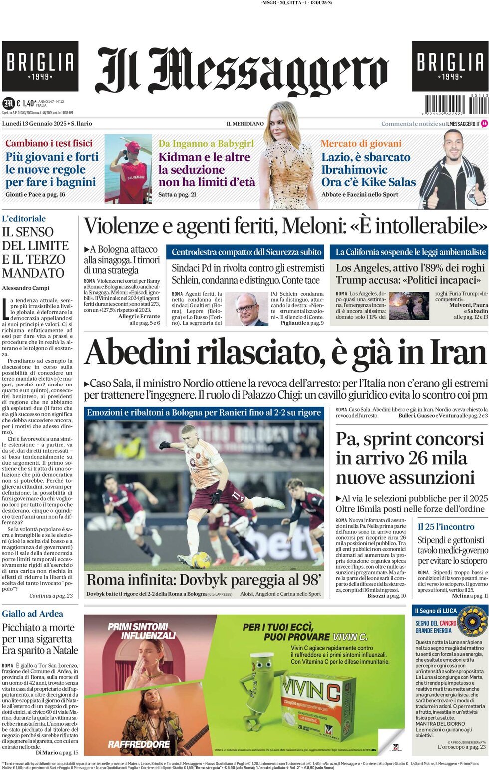 Prima-pagina-il-messaggero-edizione-di-oggi-13-01-2025