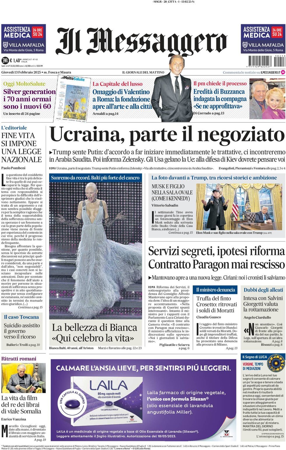 Prima-pagina-il-messaggero-edizione-di-oggi-13-02-2025